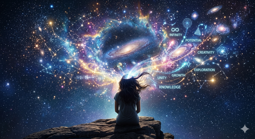 Imagination opening the mind to limitless possibilities beyond the constraints of knowledge.