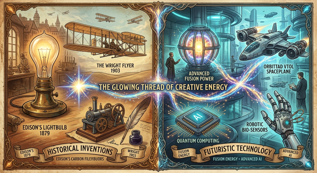 Human imagination reaching beyond the known, exploring infinite possibilities in a cosmic landscape.