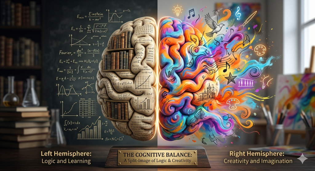 Knowledge and imagination working together, showing the complementary nature of logic and creativity.