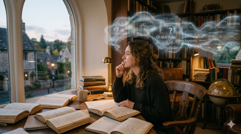 A person contemplating knowledge with books around them, highlighting the limits of human understanding