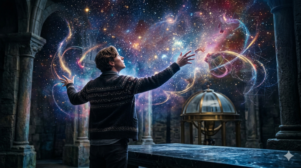 Human imagination reaching beyond the known, exploring infinite possibilities in a cosmic landscape.