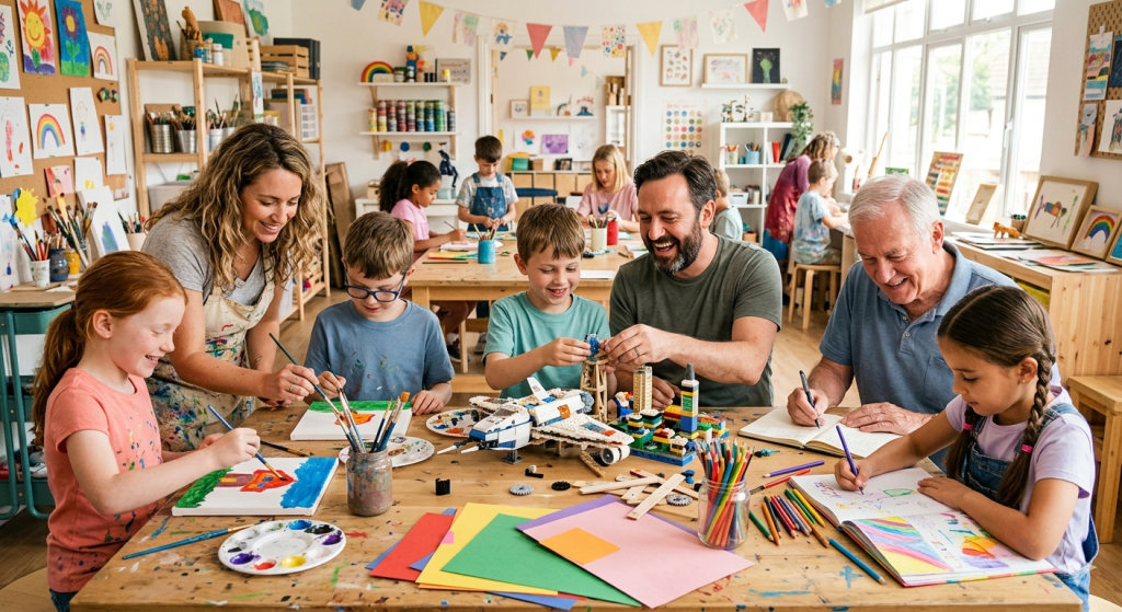 Children and adults engaged in creative activities such as painting, building models, and writing, in a bright, playful environment.