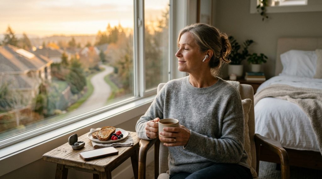 Create a realistic, cinematic 16:9 inspirational featured image capturing the central message of the article: your morning belongs to you, and you can intentionally choose how your day begins. Show a mature adult sitting peacefully beside a large bedroom window in the early morning, wearing one wireless earbud and listening quietly to a positive morning affirmation. The person holds a warm cup of tea or coffee, with a gentle, contented expression and relaxed posture. The moment should feel deeply personal, as though they have deliberately paused before entering the demands of the outside world. On a nearby table, include a pair of earbuds case, a smartphone playing an inspirational audio track with the screen turned away or blurred, and a small comforting breakfast treat such as fresh fruit, toast, or a pastry. These elements should subtly reinforce the idea of feeding the soul before facing the world. Beyond the window, show the world gradually awakening: warm sunlight spreading across rooftops, trees, or a peaceful neighborhood. The contrast should suggest that the busy world is waiting outside while, for these few precious minutes, the person has chosen peace, reflection, gratitude, and positive intention first. Create a subtle visual metaphor of taking control of one's life story: a softly illuminated pathway visible through the window leading toward the bright morning horizon, suggesting possibility, purpose, and a fresh beginning. The image should feel warm, intimate, hopeful, and emotionally uplifting, never overly dramatic or spiritual. It should communicate the quiet power of beginning the day with intention. Use photorealistic human features, authentic body language, realistic textures, cinematic depth of field, soft golden sunrise lighting, natural shadows, subtle lens effects, sophisticated editorial lifestyle photography, and high detail. Composition: 16:9 widescreen, cinematic framing, subject slightly off-center, with generous clean negative space for possible title placement. Mood: peaceful, grateful, hopeful, empowered, comforting, reflective, and quietly joyful. Avoid: visible text, readable phone screens, logos, watermarks, exaggerated expressions, fantasy elements, cartoon styling, clutter, or artificial-looking people.